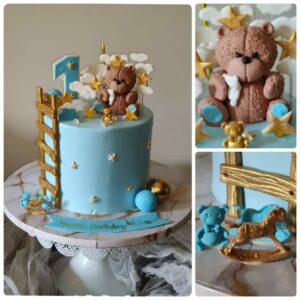 Golden Stair Teddy Cake – Dreamy First Birthday Celebration